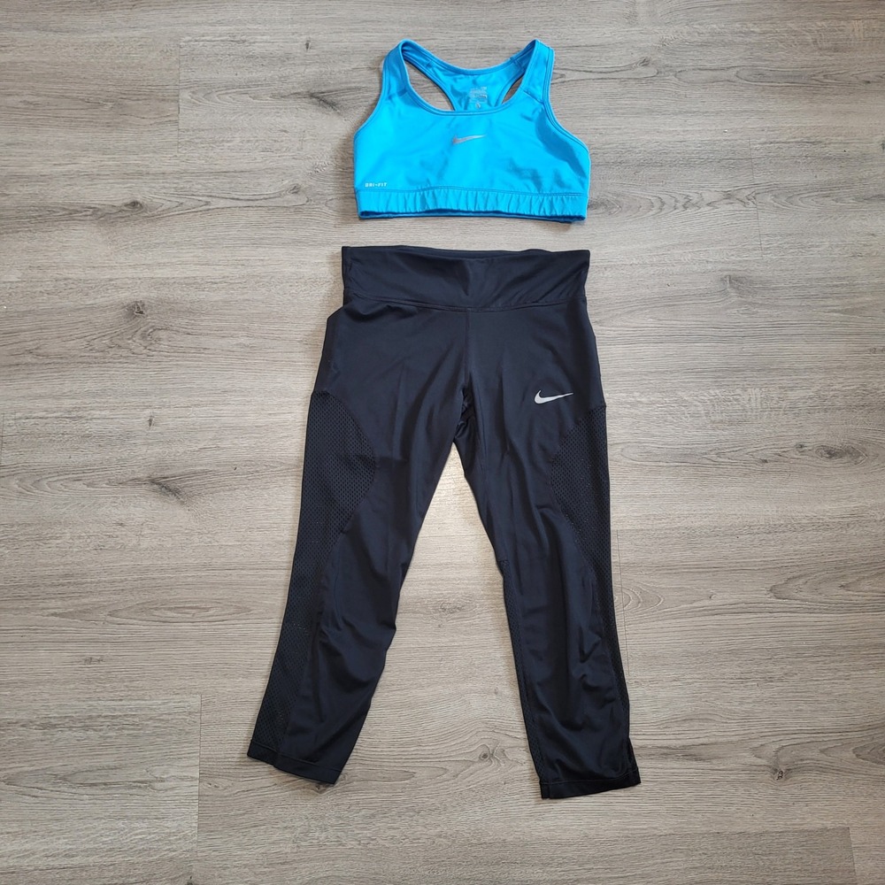 Nike Outfit Womens Dri-FIT Sports Bra Crop Leggings Set Blue Black Gym Medium - Picture 2 of 9